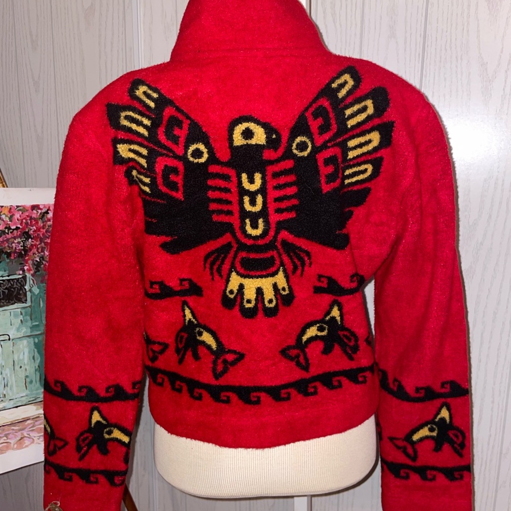 COUNTY CLOTHING CO FLEECE JACKET NATIVE THUNDERBIRD & ORCA MADE IN CANADA S-m
